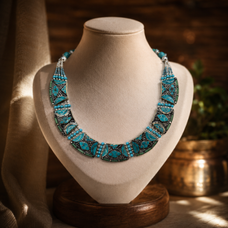 Turquoise Mosaic Tribal Statement Necklace