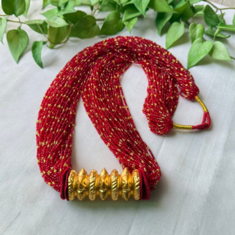 Traditional Nepali Red Golden Tilhari Pote Mala Necklace
