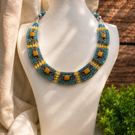 Turquoise and Amber Tribal Statement Necklace