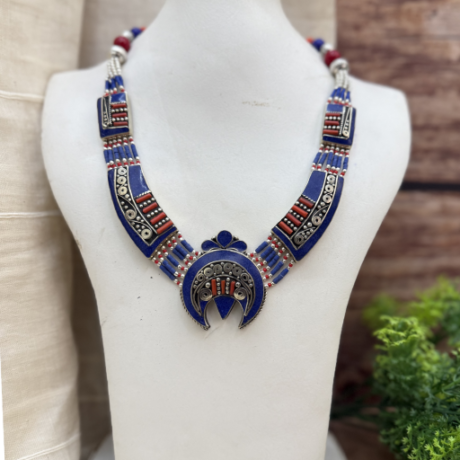 Tibetan White metal lapis lazuli and coral necklace #TN2024008