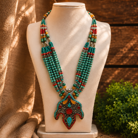 Turquoise & Coral Himalayan Statement Necklace