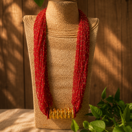 Traditional Nepali Red Golden Tilhari Pote Mala Necklace